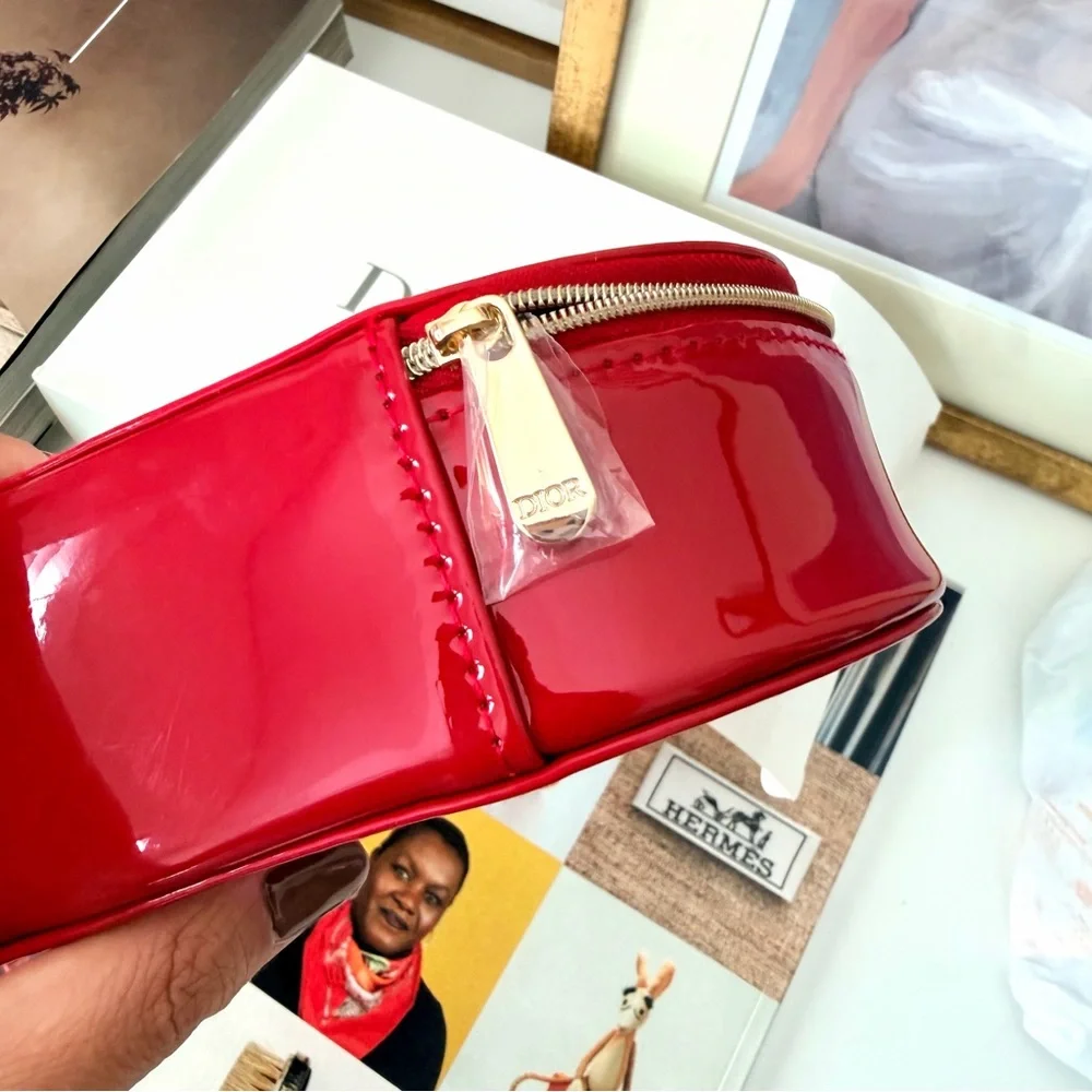 Dior Red Glossy Oval Zip Cosmetic‎ Clutch Bag Logo Pouch